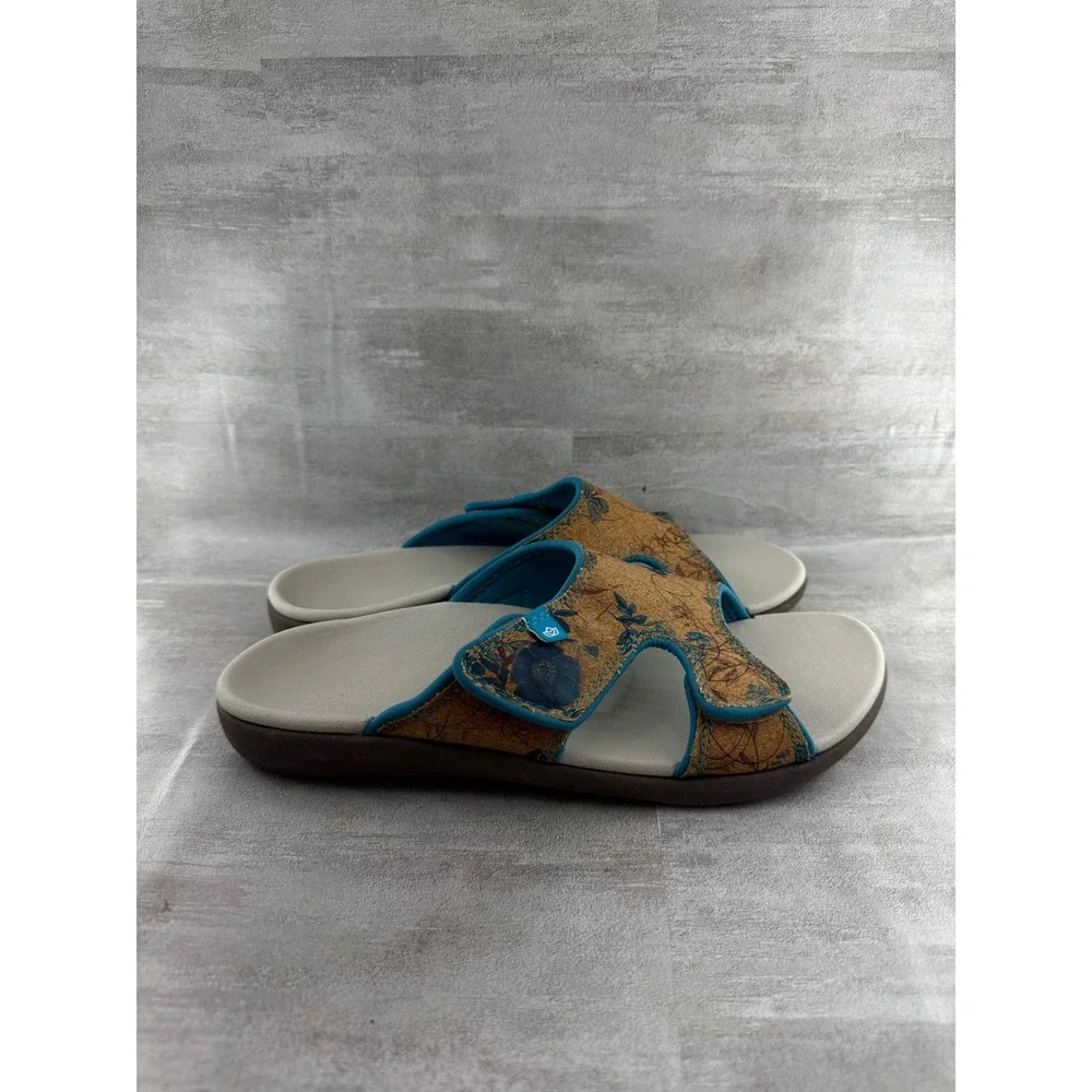 Spenco Kholo Women Sz 10B Orthotic Slide Sandals Tan Blue Floral Cork Adjustable